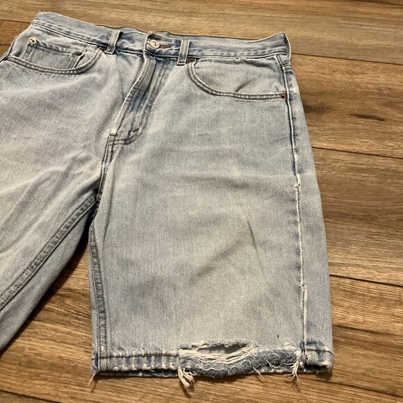 Levis 505 Regular Fit Denim Jeans Shorts 33x9 Blue Distressed Destroyed Jorts - Picture 3 of 12